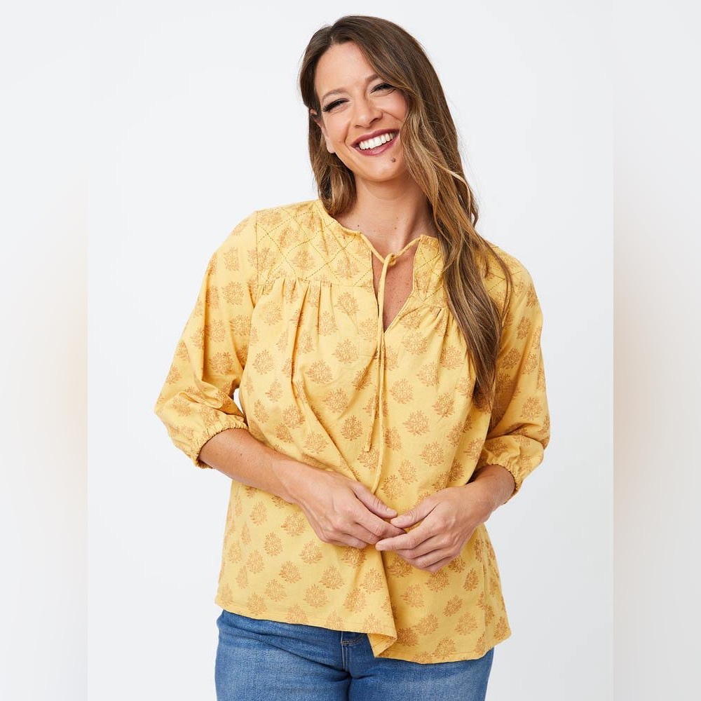NWT Mata Traders Stamp Top Mustard Yellow Peasant Blouse Boho Tunic 100% Cotton - Picture 4 of 9